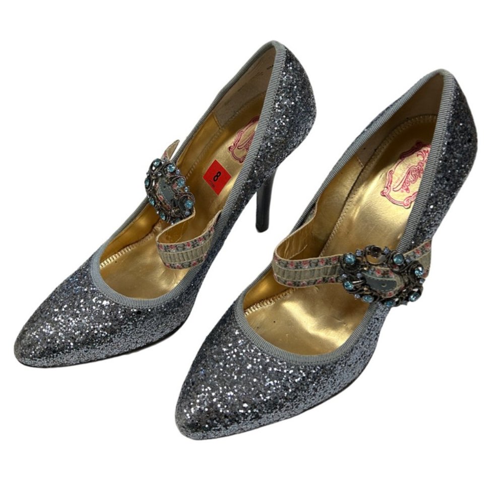 Hale Bob Mary-Jane Shoes Pumps 8 Blue Multi Glittered Crystal Bronze Buckle